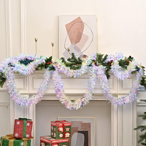 GlyinnHe 33FT Iridescent White Christmas Tinsel Garland for Holiday Decor