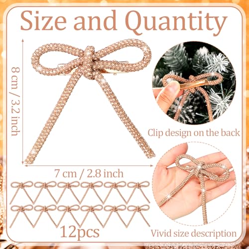 Suncalla 12 pcs Gold Glitter Rhinestone Christmas Tree Bows 3.2"x2.8" with Clips - Holiday Decorations