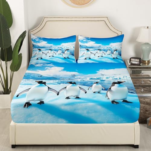 Manfei Blue Queen Fitted Sheet Set with Pillowcases, Cartoon Penguin Snow Mountain Bedding, Kids Girls Bedroom Decor, 60x80 Inches
