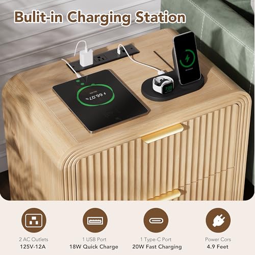 23-Inch Fluted Nightstand Set of 2 with Charging Station and 2 Drawers
