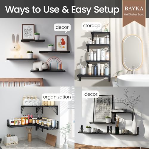 BAYKA Floating Wall Shelves - Rustic Wood Wall Storage Set of 4 Black
