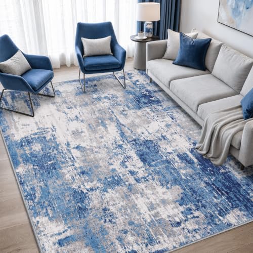 Washable Abstract Area Rug 5x7 Non-Slip Low-Pile Blue Gray Living Room Carpet