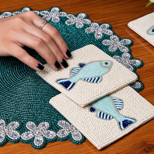 Handmade Beaded Coaster Set of 4 - Ivory Multi 4" Round Bar Drink Tabletop Protection