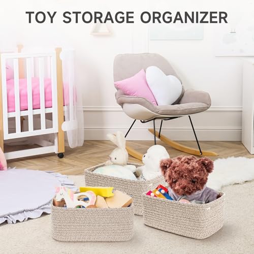 3 Pack Small Woven Cotton Rope Storage Baskets with Handles