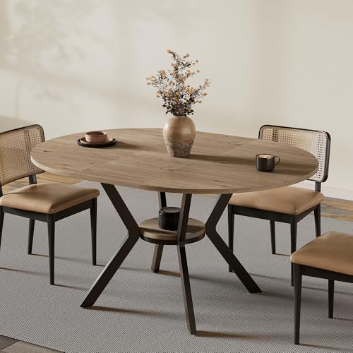 Extendable Round Dining Table, 42" to 58" Oval Table with Storage Shelf
