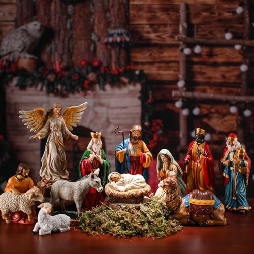 Nativity Scene Figures Set for Christmas - 12 Hand-Painted Resin Holiday Decor, 7 Inch Baby Jesus, Mary, Joseph, Kings, Animals, Stable & Palm Tree