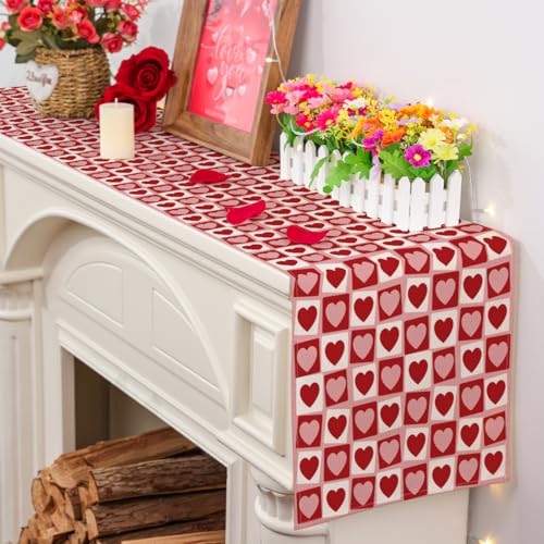 Valentine's Table Runner 13x72 Inch - Red & Heart Motifs, Durable Polyester, Easy Care - Siilues