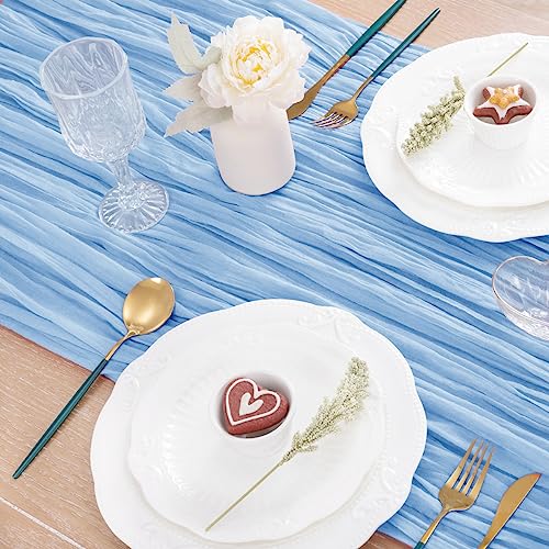 Light Blue Cheesecloth Table Runner, 35x120 Inch Boho Gauze Table Decor