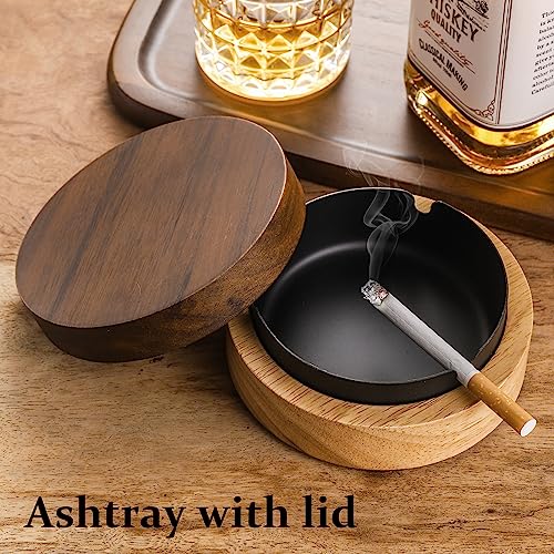 Wooden Ashtray with Lid and Stainless Steel Liner, Windproof Desktop Tray