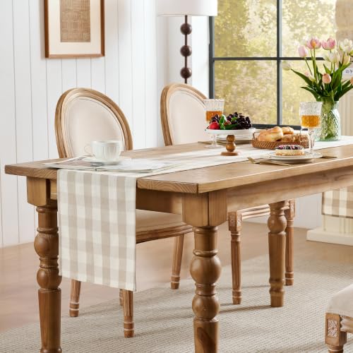 POSEAT Beige Gingham Table Runner 13x108 Inches - Classic Farmhouse Decor