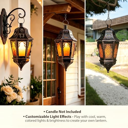 Moroccan Hanging Candle Lantern with Chain - 13.6" Amber Glass Decor