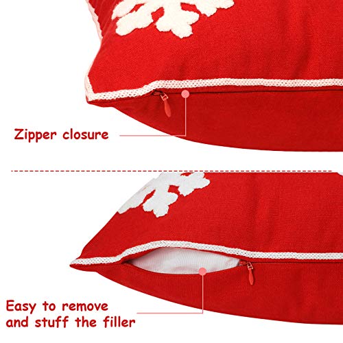 Christmas Snowflake Throw Pillow Covers 18x18 Set of 4 Red White Embroidered Linen Decor