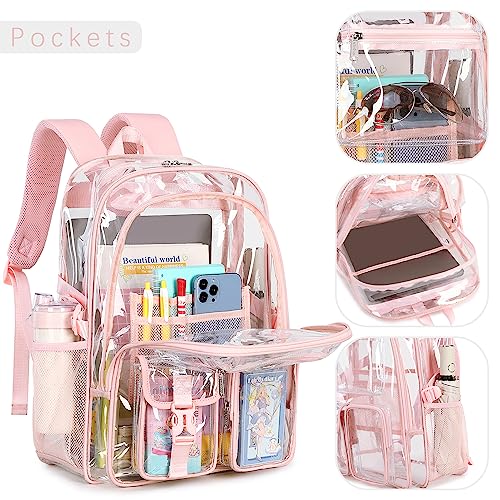 Large Clear Backpack for School & Events - Heavy Duty Transparent Bookbag (Pink)