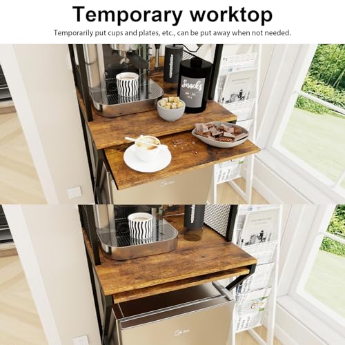 4-Tier Mini Fridge Stand with Power Outlet & Pull-Out Coffee Bar Shelf