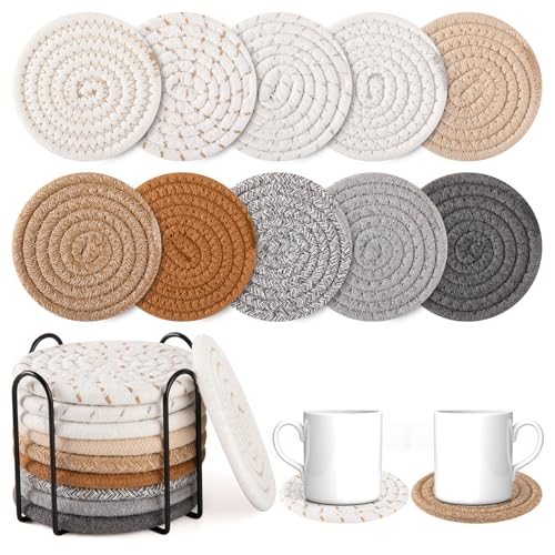 OIAHOMY 10 Pcs Boho Cotton Woven Drink Coasters with Metal Holder - Mixed Yellow, 4.3 Inch