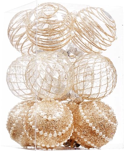 Christmas Ball Ornaments Set - Champagne 70mm Shatterproof Plastic Decorations with Pearl Accents - Variation of THIS listing