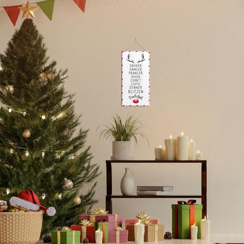 Reindeer Names Christmas Wooden Hanging Sign - Antler & Red Nose Pattern - Indoor Outdoor Xmas Party Decoration - Corner Wind - Variation 15
