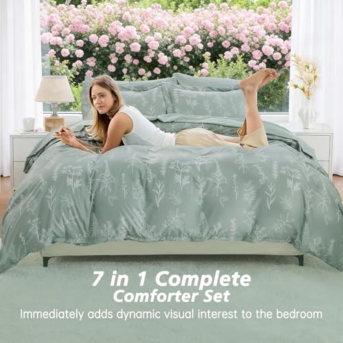 7-Piece Queen Comforter Set Sage Green Botanical Floral Bed in a Bag