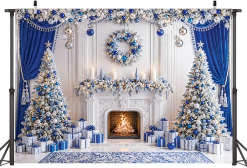 7x5FT Blue Silver Christmas Backdrop with Fireplace Scene - CUMIA