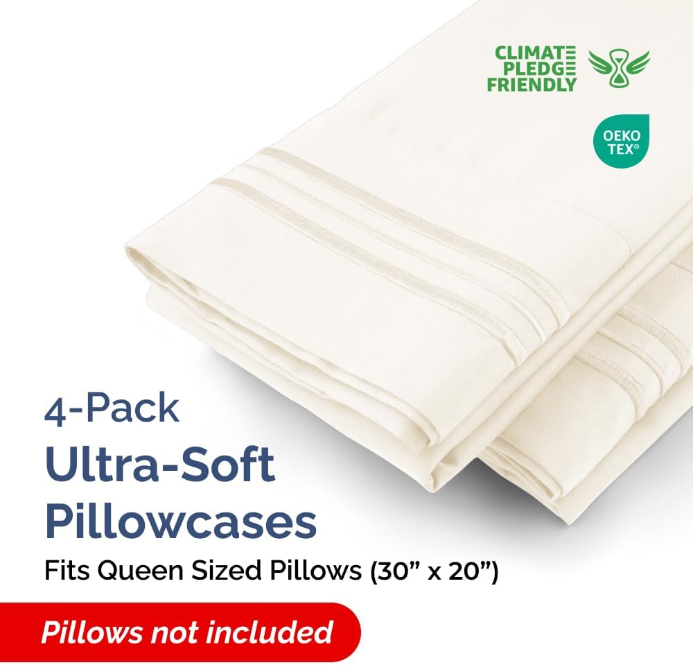 Skiennix Queen Pillow Cases Set of 4 | Ultra Soft Hotel Quality, Wrinkle-Free & Fade Resistant - Off White