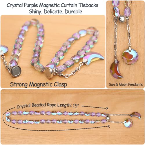 Magnetic Crystal Beaded Curtain Tiebacks with Sun and Moon Pendants, 2 Pack