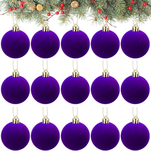 Menkxi 15 Pcs Purple Velvet Christmas Tree Ornaments Set 1.97'' Flocking Ball Decorations