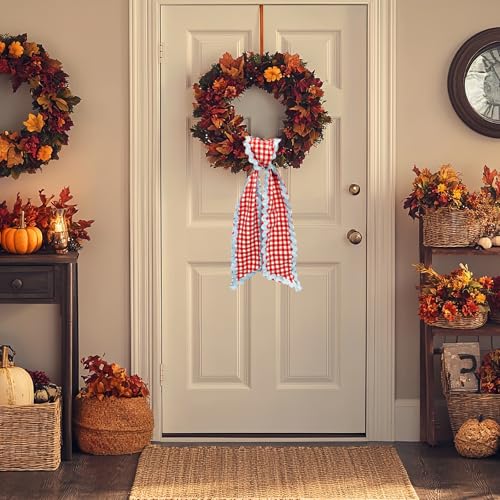 Red and White Buffalo Plaid Wreath Sash for Front Door Decor (5x54 In)