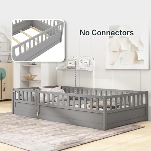 Montessori Twin Floor Bed Frame with Safety Guardrails and Door, Solid Pine