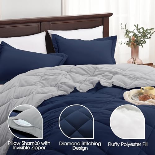 Navy Blue Reversible Queen Comforter Set with Pillow Shams