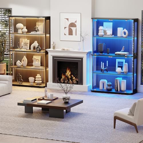 Large 4-Tier Glass Display Cabinet with 3-Color LED Lights and Motion Sensor