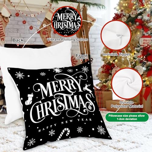 Black Christmas Pillow Covers Set of 4 20x20 Inches Holiday Decor for Sofa Bed Bedroom