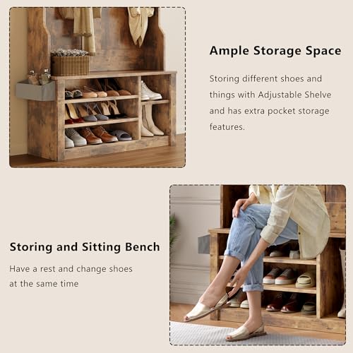 5-in-1 Entryway Hall Tree with Storage Bench and Coat Rack, Rustic Brown