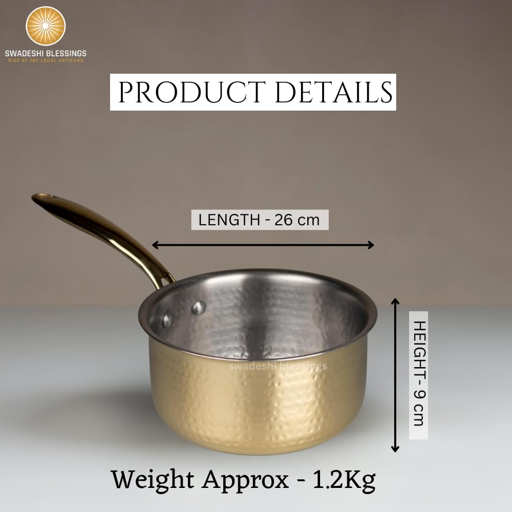 Swadeshi Blessings Exclusive Range Brass Sauce Pan for Cooking without Lid/Teflon-Free/Naturally Non-Stick Brass Utensils with Tin Coating (1.5 Liters)