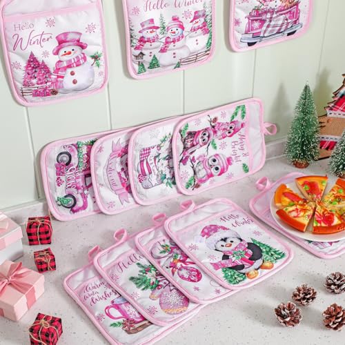 Jingmore Pink Christmas Pot Holders with Pocket, 12-Pack, Snowflake & Gnome Design, Heat Resistant Oven Gloves for Baking & Cooking