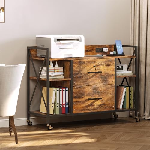 2-Drawer Rolling File Cabinet with Power Outlets and Adjustable Shelves