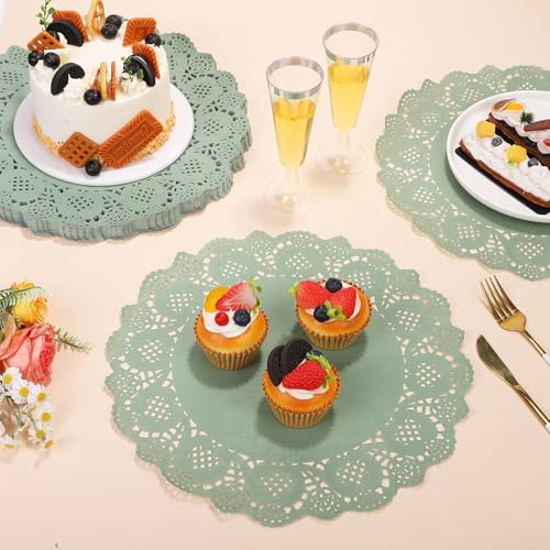 100 Pack Sage Green Lace Paper Doilies - 13.5 Inch Round Disposable Placemats