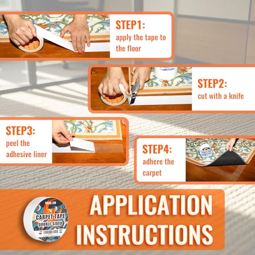 Heavy-Duty Double Sided Carpet Tape - 2 Inch x 10 Yards, Rug Grip