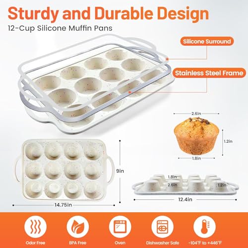 12-Cup Silicone Muffin Pan with Metal Reinforced Frame (Set of 2)