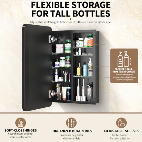 16x24 Black Medicine Cabinet with Mirror, Recessed or Surface Mount