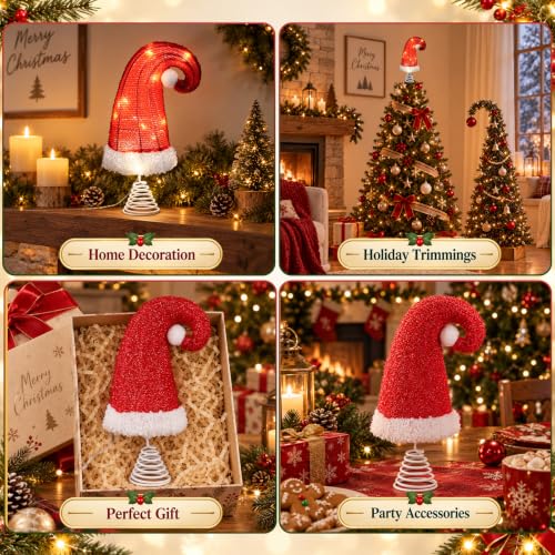 8 Inch Red Santa Hat Christmas Tree Topper with 6H Timer (Battery Operated) - Santi Hat Variation 8 Inch Red Hat