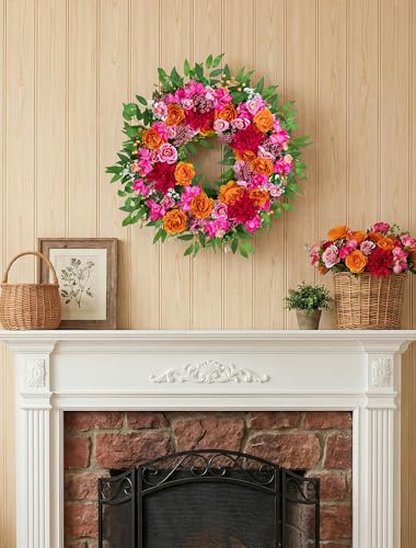 26-Inch Floral Summer Wreath for Front Door with Hanger, Pink and Orange