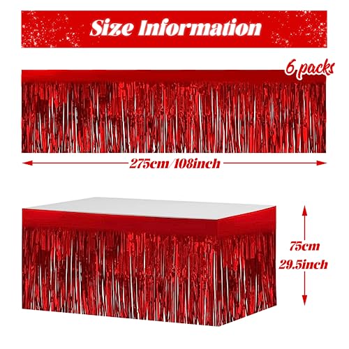 BEAIMUXI 6 Pack Red Metallic Foil Fringe Table Skirts 9 Feet x 29.5 Inch - Party Decor