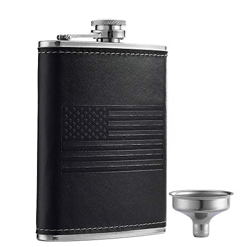 8oz Stainless Steel American Flag Flask with Leather Cover and Funnel – Leak-Proof Liquor Bottle for Travel & Gifting