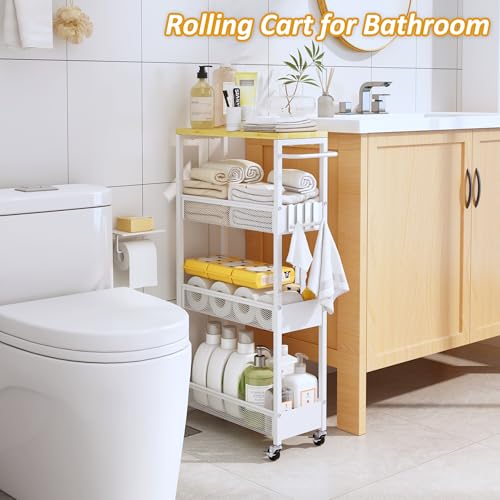 7.1-Inch Slim 4-Tier Rolling Storage Cart on Wheels with Wood Top