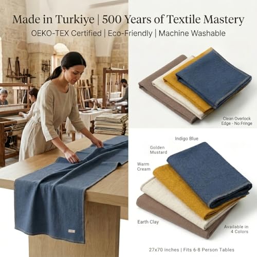 Jojomia Indigo Blue Turkish Cotton Table Runner 27x70in, Farmhouse Decor, Machine Washable