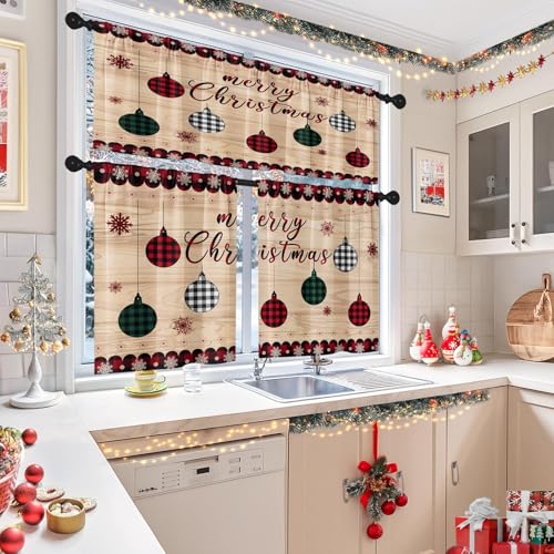 Christmas Kitchen Curtains with Valance, Red Gingham Plaid, 36 Inch - Red Ball Wood Variation