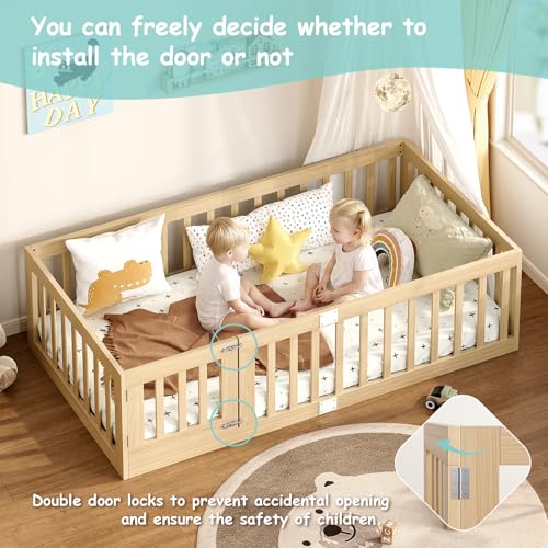 Twin Montessori Floor Bed Frame with Guardrails and Door Latch, Natural Wood