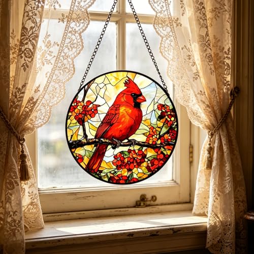 Cardinal Stained Glass Suncatcher Panel - 7.8 Inch Window Decor