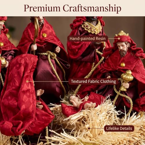 Oeihuivt Handmade Resin Nativity Scene Holy Family Christmas Decor - Red-6