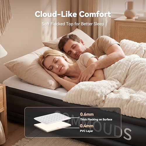 Queen Air Mattress with Built-in Pump, Waterproof Flocked Top
